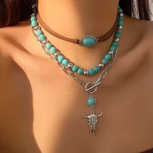 3x silver necklaces SET! Boho Turquoise and Silver Necklace. Pendant. Texas Bull